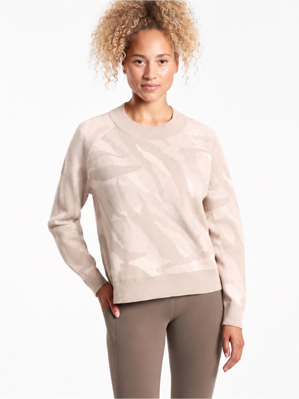 Athleta Jacquard Textured Crewneck - Beige Camo - Merino Extra Fine Wool